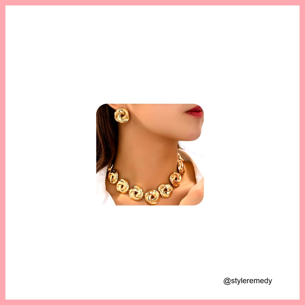 Chunky Gold Irregular Knot Necklace Earring Set, Geometric Floral Statement